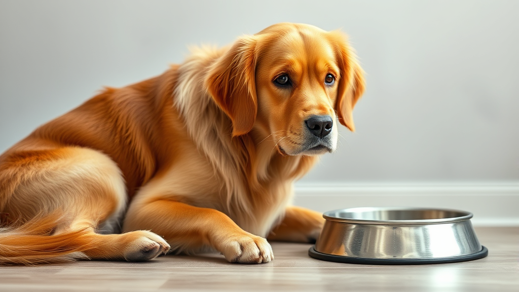 Golden retriever sitting beside empty food bowl looking concerned, natural lighting, no text no words no letters