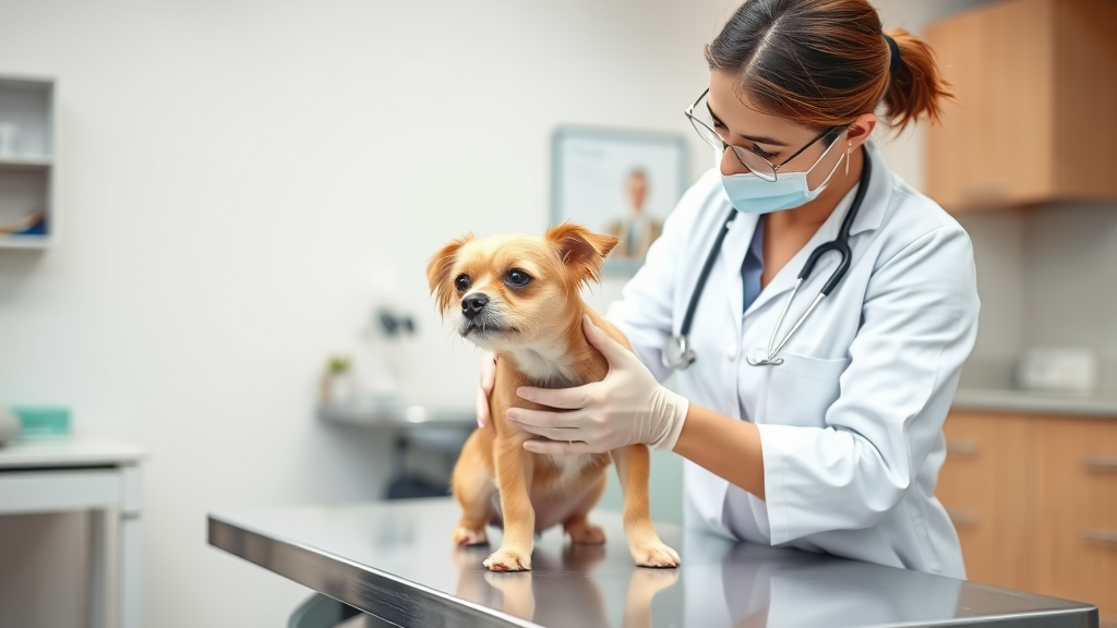 Veterinarian examining small dog on examination table, professional clinic setting, no text no words no letters