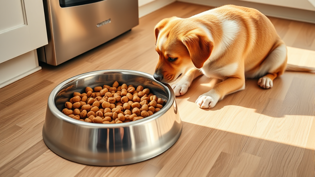 Dog food bowl with fresh kibble and water bowl on kitchen floor, bright natural lighting, no text no words no letters