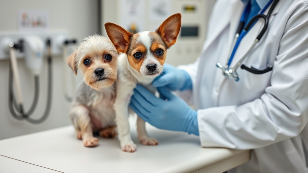 Veterinarian examining small dog on examination table, professional medical setting, stethoscope and medical equipment visible, no text no words no letters