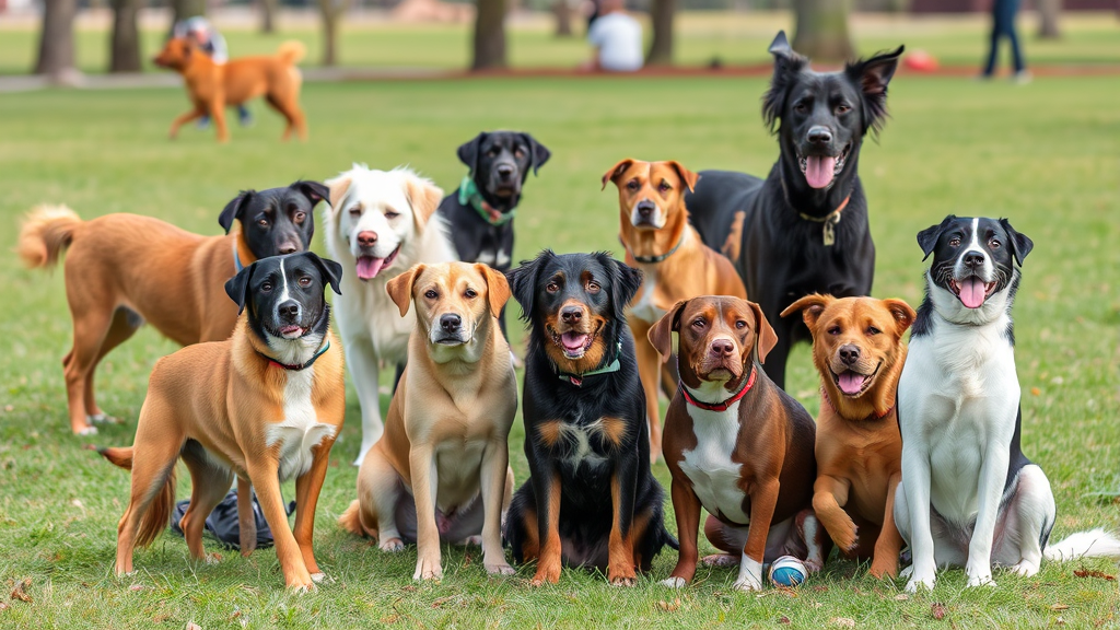 Multiple dogs of different sizes and breeds in park setting, various ages from puppy to senior, outdoor grass area, no text no words no letters