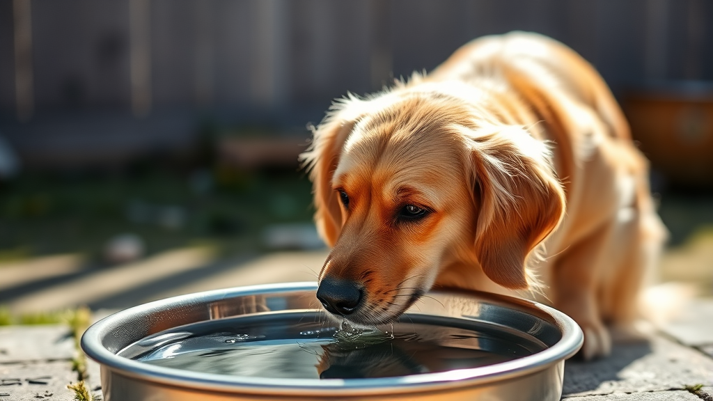 Golden retriever drinking fresh water from metal bowl outdoors in sunlight, no text no words no letters