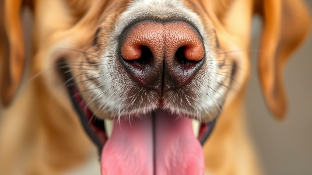 Close up of dog nose and mouth showing dry gums and tongue indicating dehydration, no text no words no letters