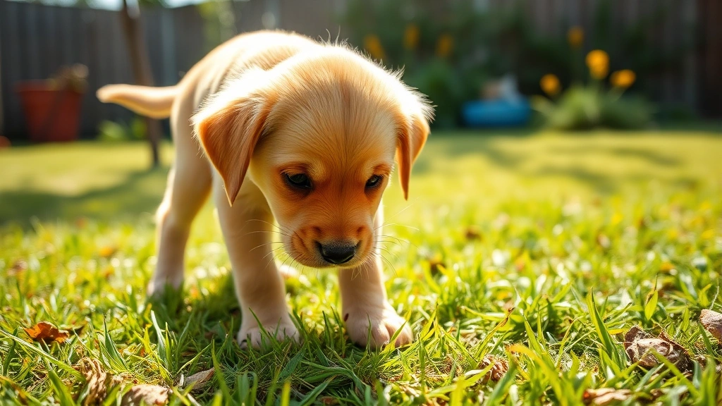 A curious golden retriever puppy sniffing around a grassy backyard during daytime, bright natural lighting, playful expression, approximately 8-10 weeks old