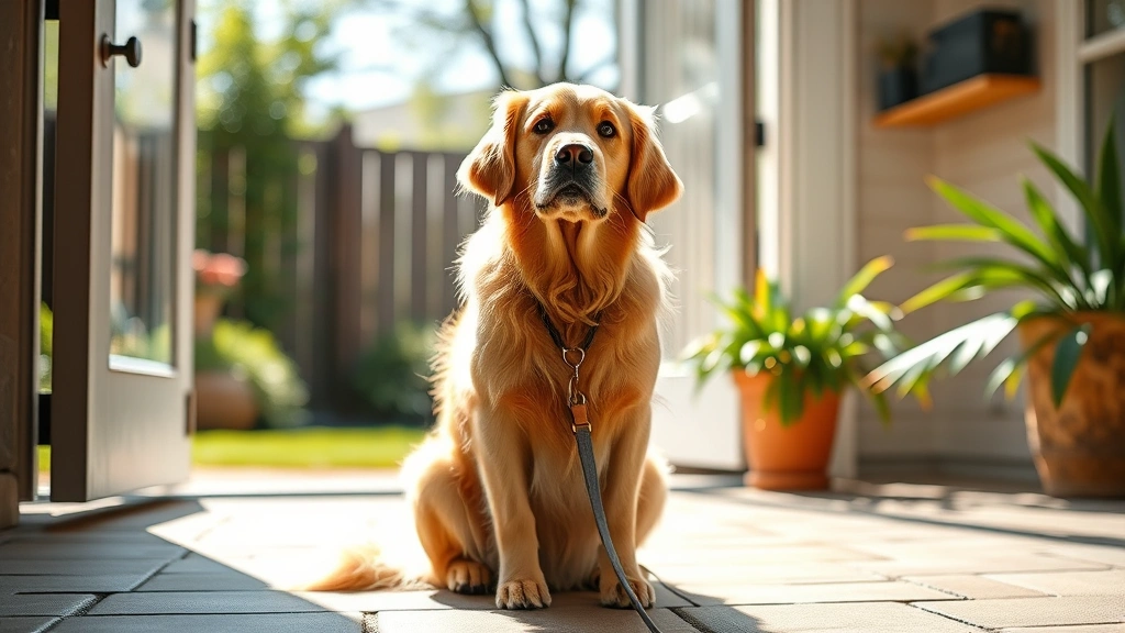Adult golden retriever sitting attentively outdoors in a sunny backyard, alert and looking toward a door or gate, photorealistic style