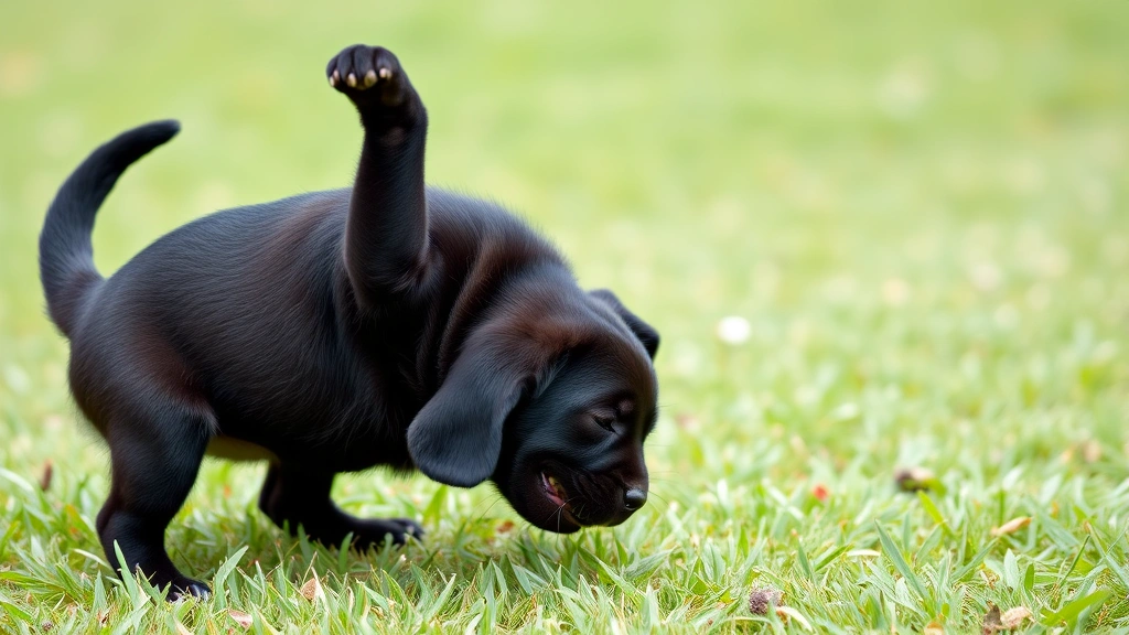 Young black labrador puppy in a play bow position on green grass, energetic and playful demeanor, photorealistic outdoor setting