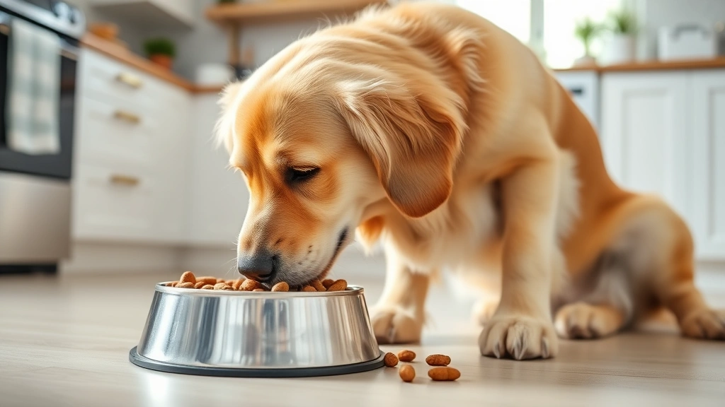 A healthy, well-fed golden retriever happily eating from a stainless steel food bowl filled with dog kibble in a bright kitchen