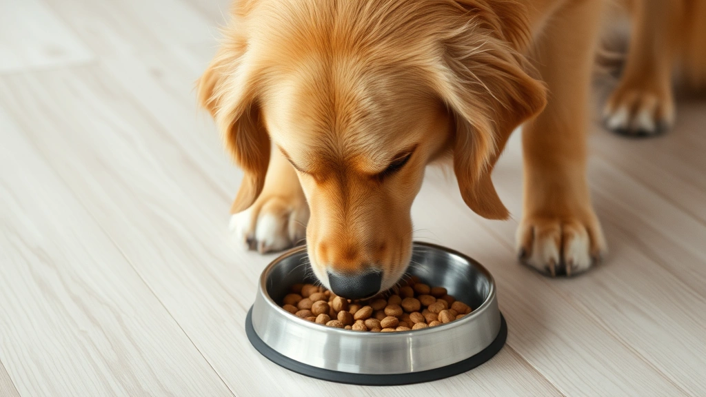 A healthy golden retriever eating from a metal food bowl on a light wooden floor, showing contentment and good appetite during mealtime.