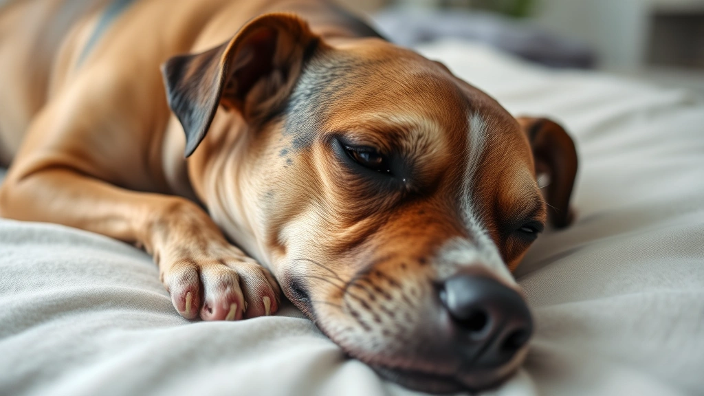 Close-up of a thin, lethargic dog resting on a soft bed, showing signs of fatigue and lack of energy