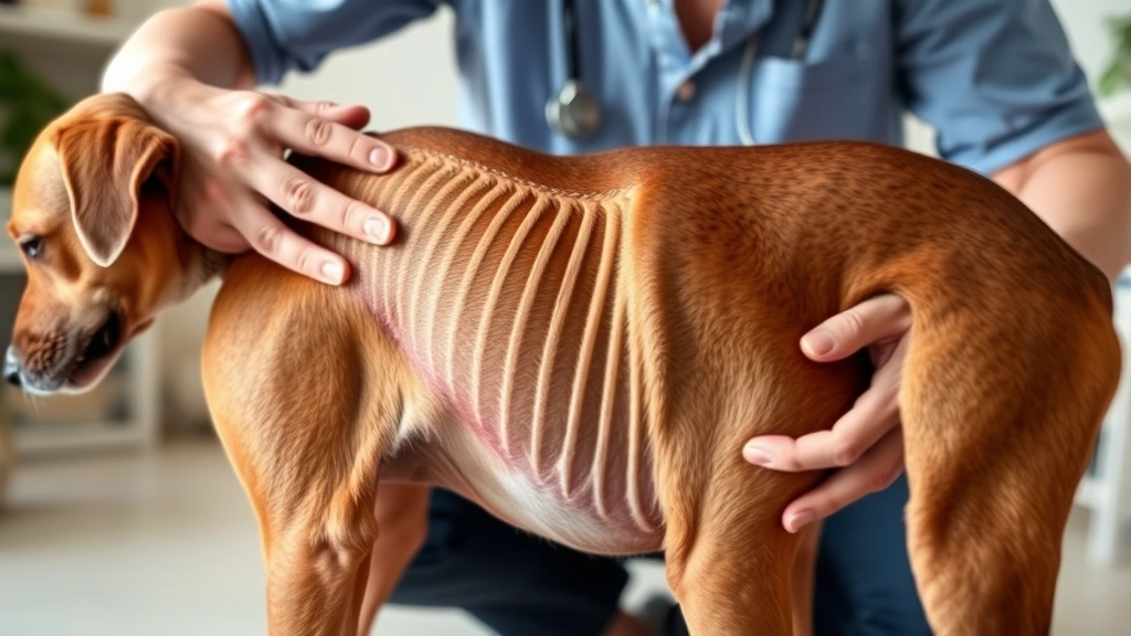 A concerned dog owner examining their thin dog's ribs and spine, demonstrating visible weight loss and signs of malnutrition in a home setting.