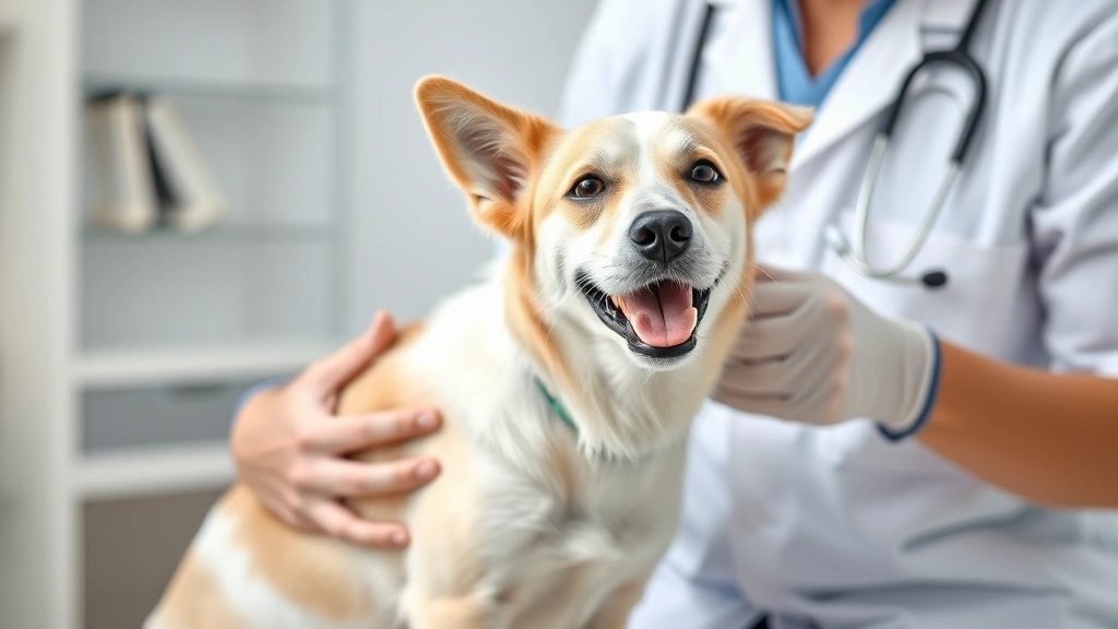 Veterinarian examining a dog during a medical check-up, using a stethoscope to listen to the dog's heart and lungs