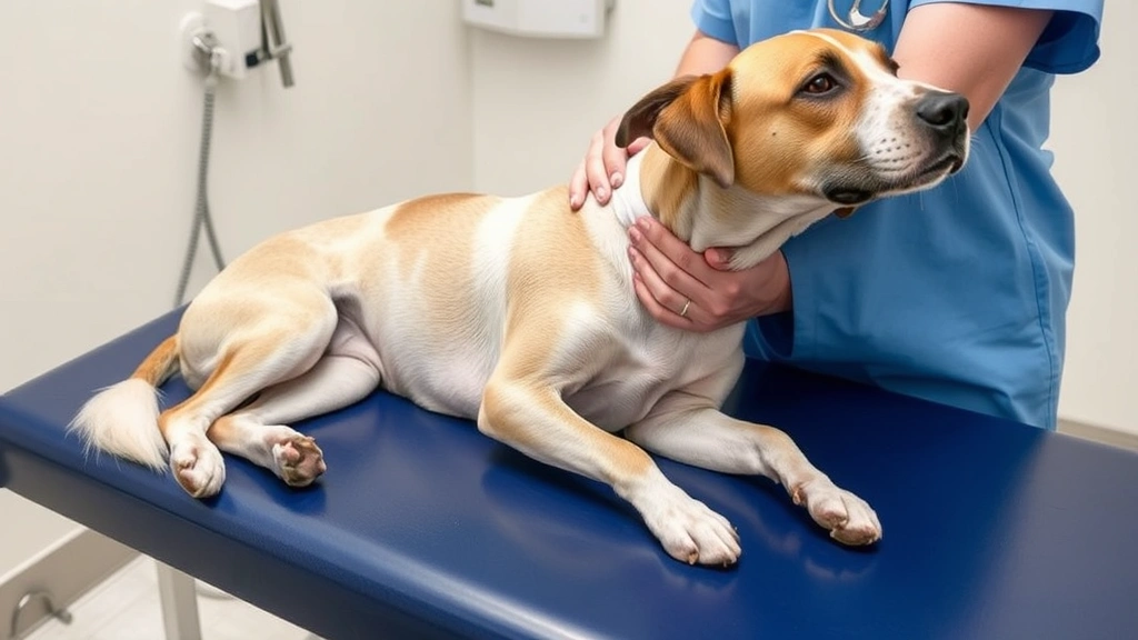 A veterinarian conducting a physical examination on a weak dog lying on an examination table, checking vital signs and assessing health status.