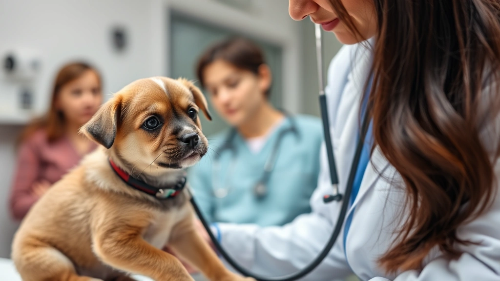 Veterinarian examining a small puppy with stethoscope in clinical setting, professional medical environment, concerned pet owner in background
