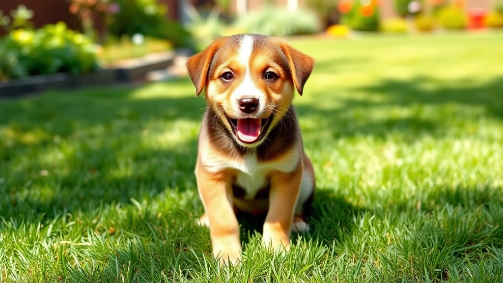 Playful puppy mid-squat on grass in a sunny backyard, focused expression, green lawn and garden background