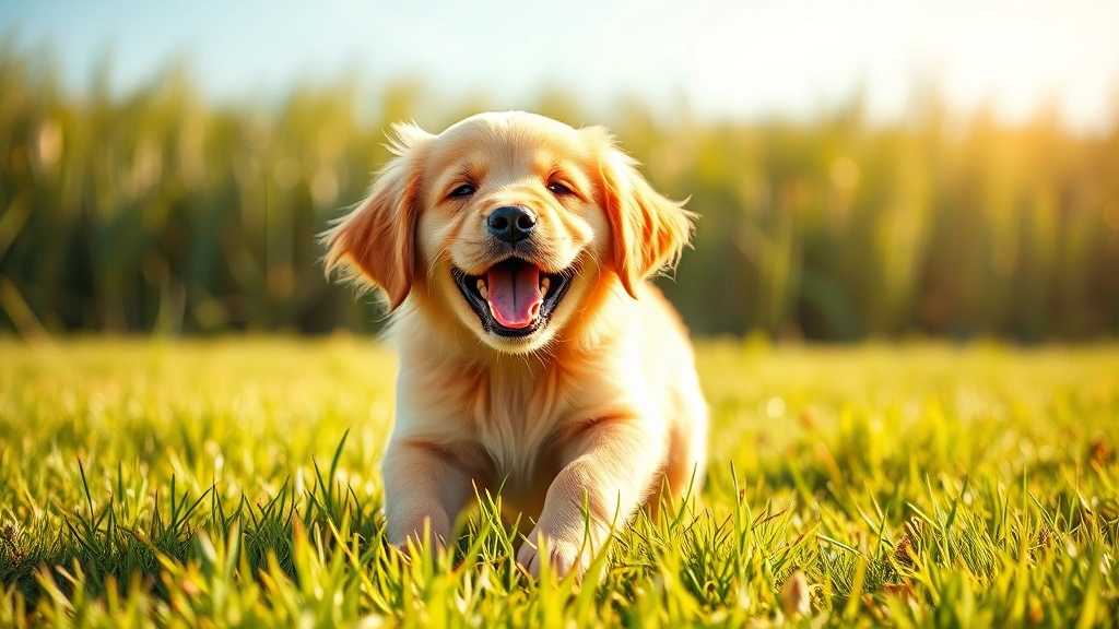 Golden retriever puppy playing outdoors in grass during daytime, joyful expression, natural lighting, clear sky background