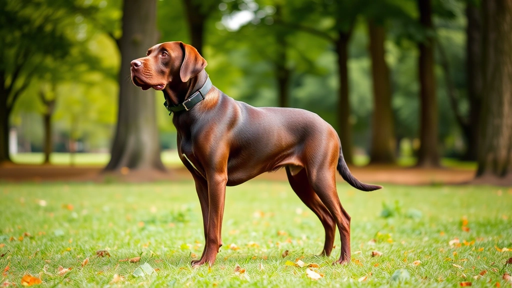 Adult labrador retriever standing in a park with trees, alert posture, healthy coat, outdoor natural setting