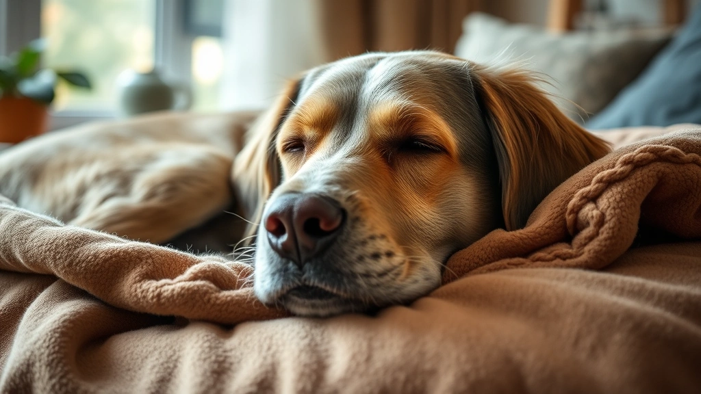 Senior dog resting indoors on a comfortable bed, peaceful expression, soft home lighting, cozy environment