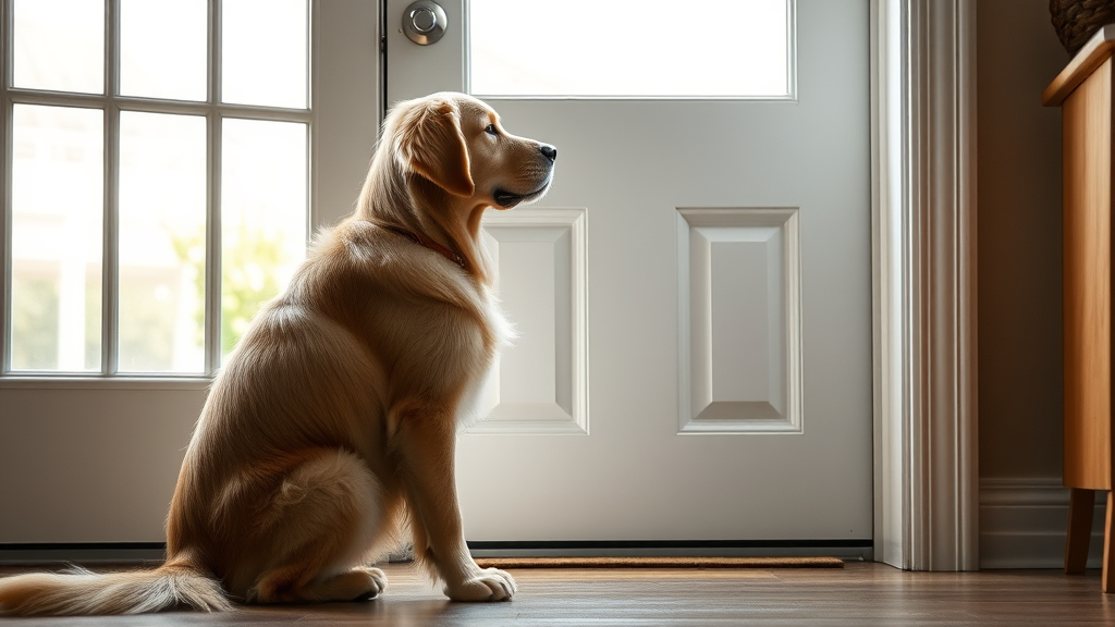Golden retriever sitting patiently by front door looking outside, natural lighting, comfortable home interior, no text no words no letters
