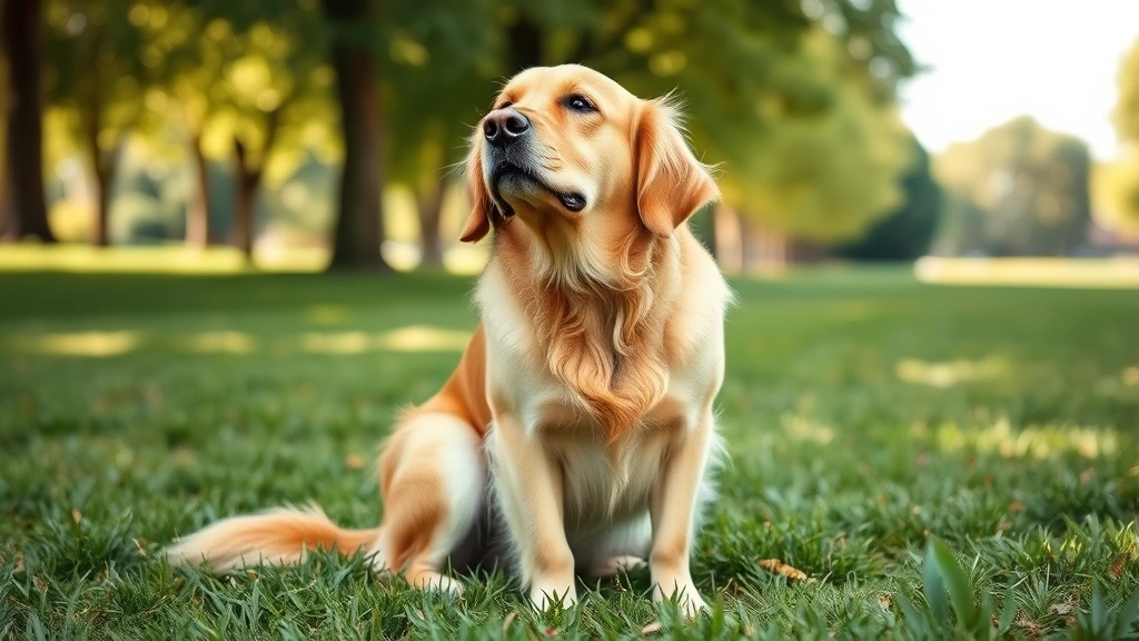 Golden retriever sitting on grass looking uncomfortable, outdoor park setting, natural lighting, realistic dog body language showing digestive distress