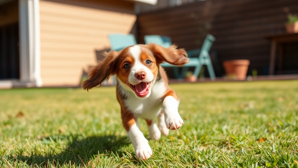 Brown and white spaniel puppy playing in backyard, energetic motion, sunny day, healthy young dog with playful expression and open space