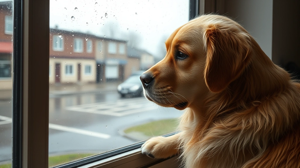 Sad golden retriever sitting by window with rain droplets, looking out at empty street, afternoon light through glass, realistic fur texture