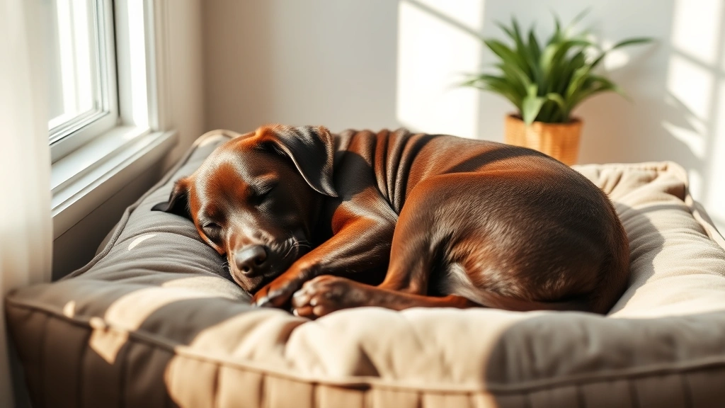 Peaceful sleeping chocolate labrador curled up on dog bed in cozy corner room, sunlight streaming through window, completely relaxed