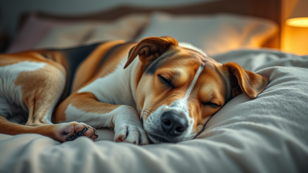Female dog resting peacefully on soft blanket in comfortable home setting with warm lighting no text no words no letters
