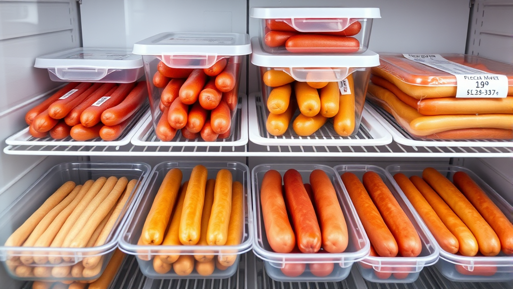 Fresh hot dogs in refrigerator with organized storage containers and proper temperature display, no text, no words, no letters