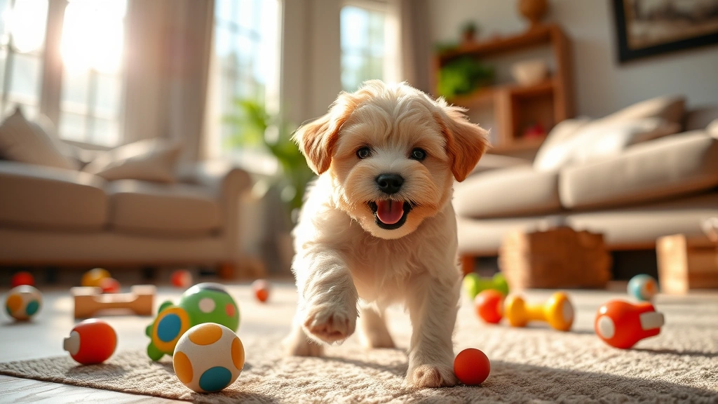 A fluffy Maltipoo puppy playing in a sunlit living room with toys scattered around, natural lighting, joyful expression