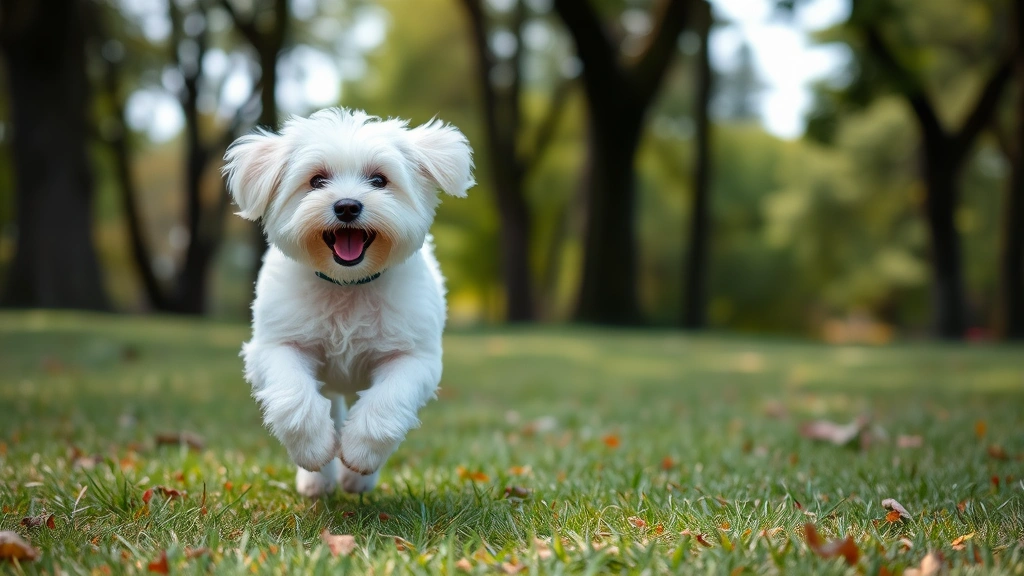 An adult Maltipoo running through a grassy park with trees in background, motion captured, happy and energetic