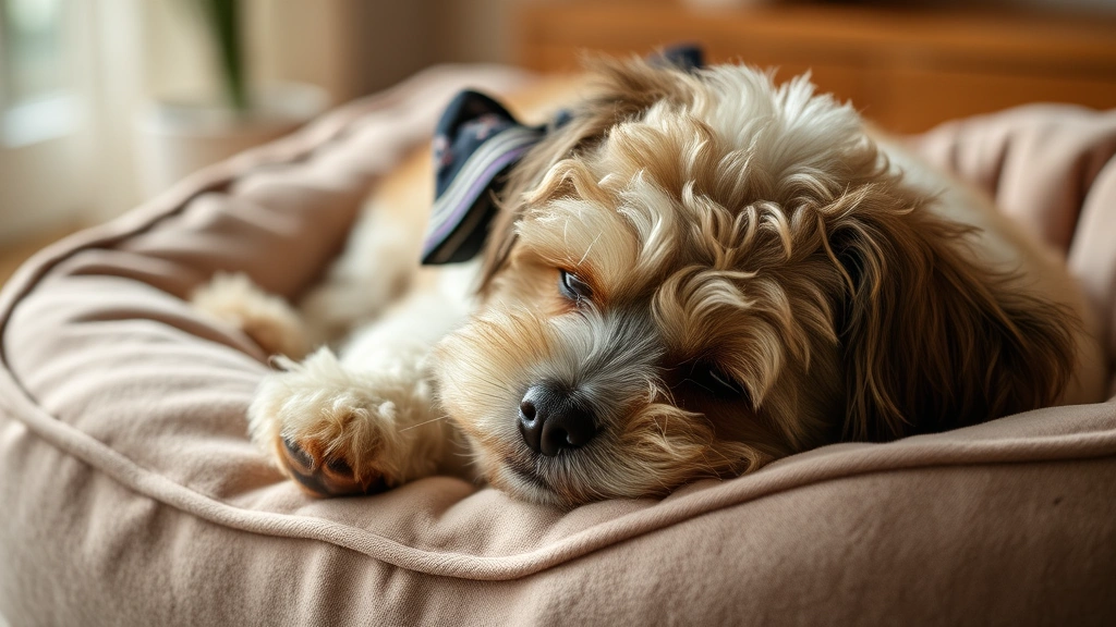 A senior Maltipoo resting peacefully on a soft cushioned dog bed, calm and content expression, warm indoor lighting