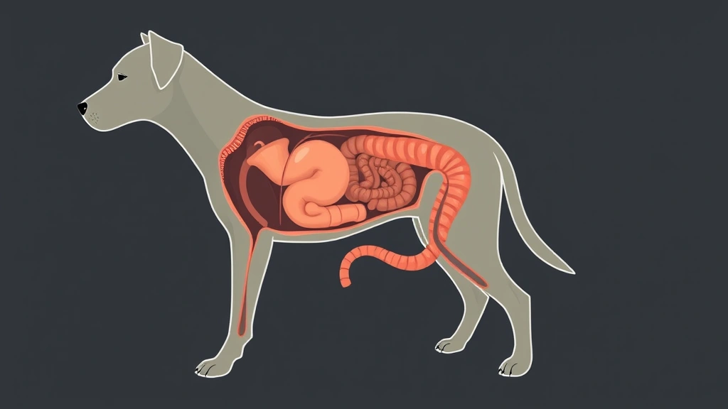 Cross-section anatomical illustration style visualization of a dog's digestive system showing stomach, small intestine, and colon, educational medical style