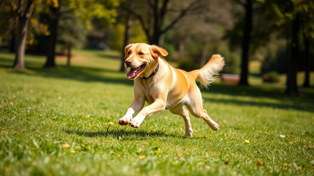Healthy dog running and playing in a grassy park, active golden or labrador retriever mid-stride, bright sunny day with clear background