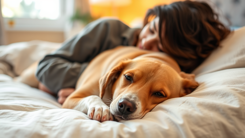 Female dog resting comfortably on soft bed with caring owner nearby, warm lighting, peaceful indoor setting, no text no words no letters