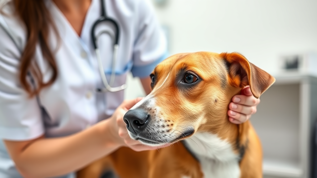 Veterinarian examining healthy female dog during routine checkup, professional clinic setting, gentle examination, no text no words no letters