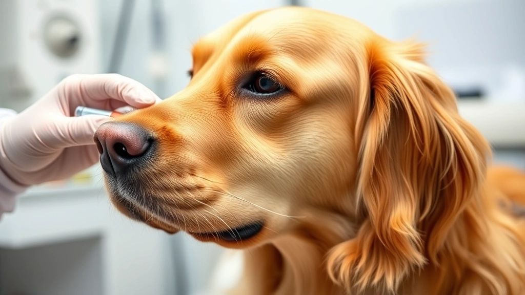 Golden retriever receiving injection from veterinarian's hand, calm expression, clinical veterinary setting with blurred background