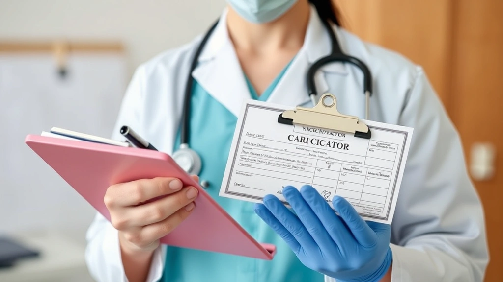 Veterinarian holding vaccination certificate and clipboard, professional medical setting, focused on paperwork documentation