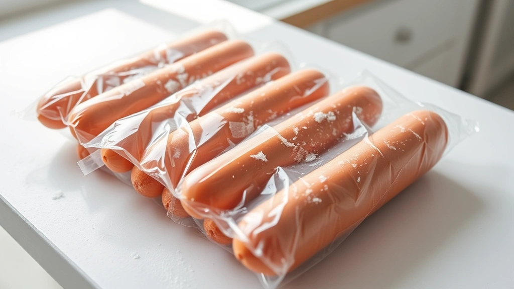 Frozen hot dogs in clear packaging on a white kitchen counter, frost visible on the surface, natural daylight lighting, close-up view