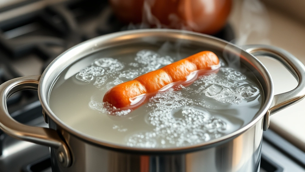 A pot of boiling water with a single hot dog floating on the surface, steam rising, stainless steel pot, kitchen stovetop background