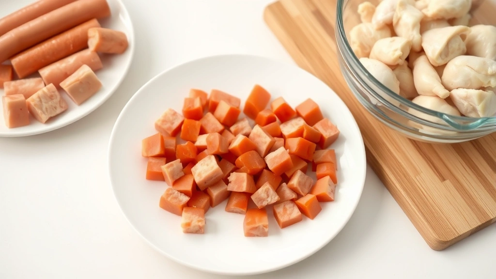 A plate with cut hot dog pieces in various sizes next to a bowl of plain boiled chicken pieces, wooden cutting board nearby, fresh clean kitchen setting