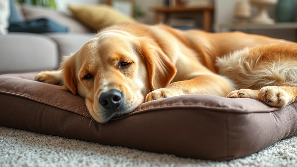 Golden Retriever senior dog resting peacefully on soft orthopedic bed in quiet home setting, calm expression, natural lighting