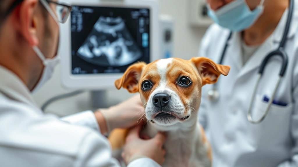 Veterinarian performing echocardiogram ultrasound on small brown and white dog, professional medical setting, focused examination