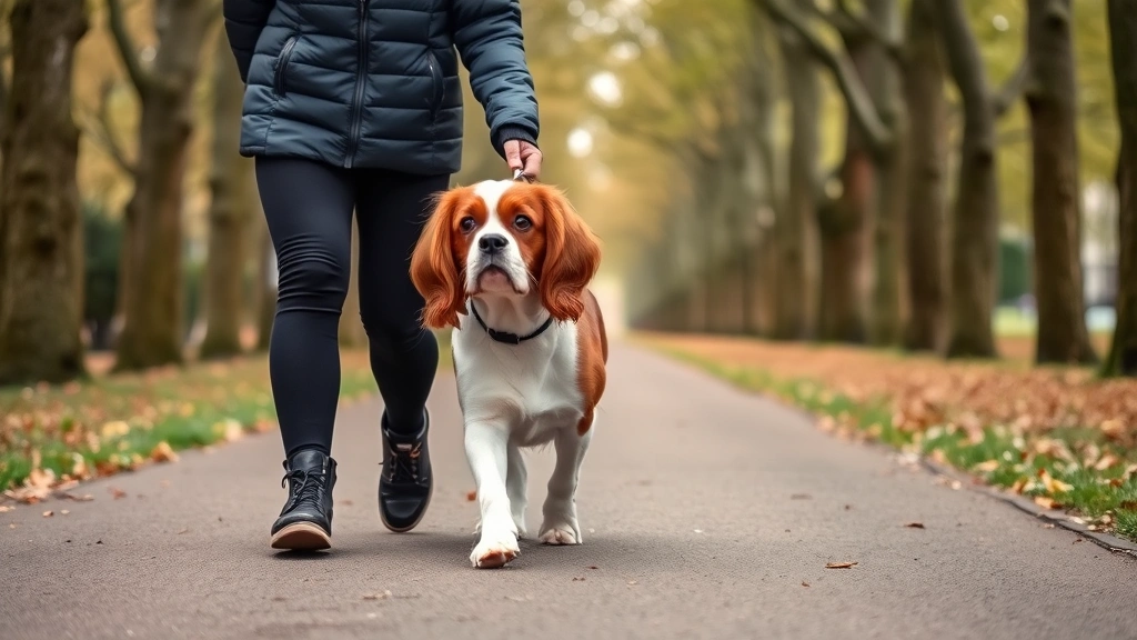Elderly Cavalier King Charles Spaniel taking gentle walk with owner on quiet tree-lined path, slow pace, peaceful atmosphere