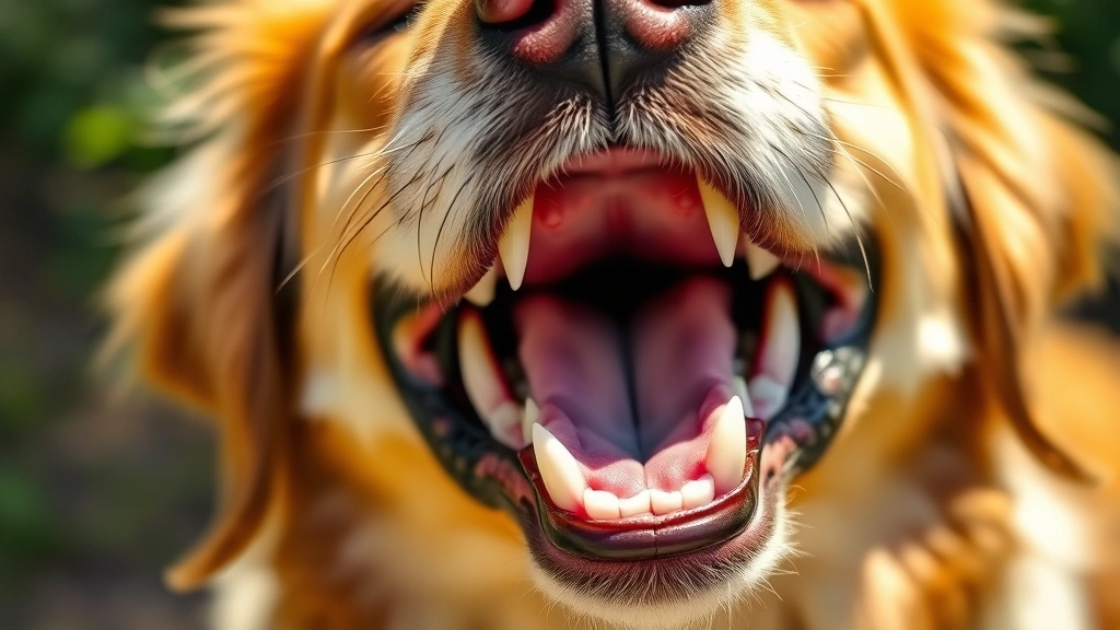 Close-up of a golden retriever's open mouth showing all teeth and gums in natural daylight, photorealistic style