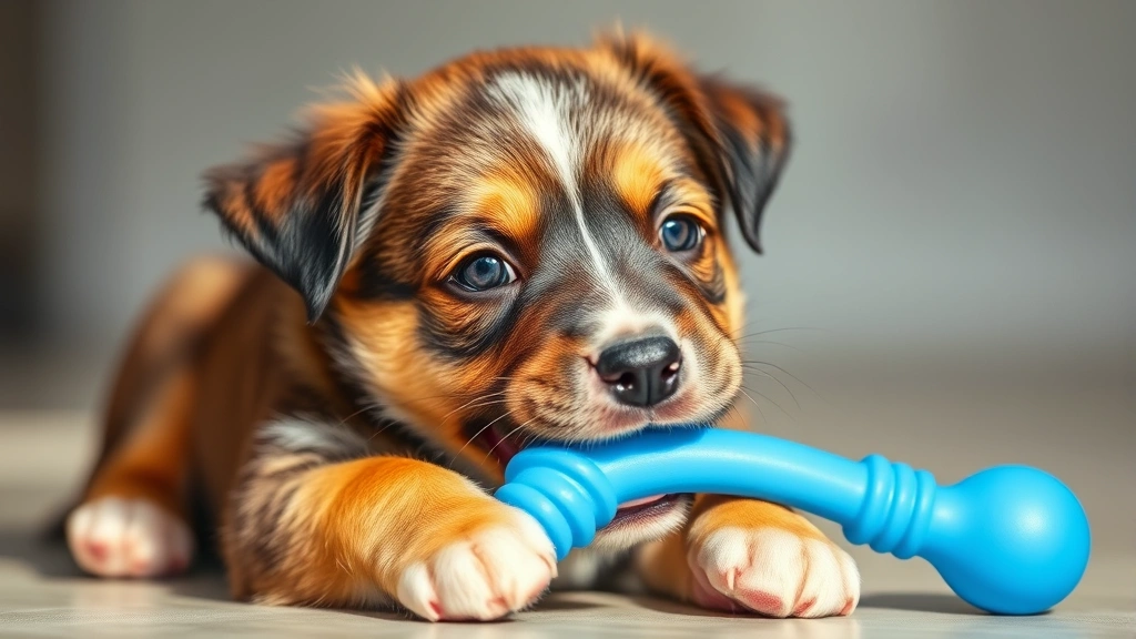 Puppy playing with a blue rubber toy, chewing toy with mouth, happy expression, soft natural lighting