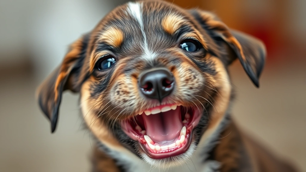 Puppy with baby teeth visible, playful expression with mouth slightly open, photorealistic professional pet photography
