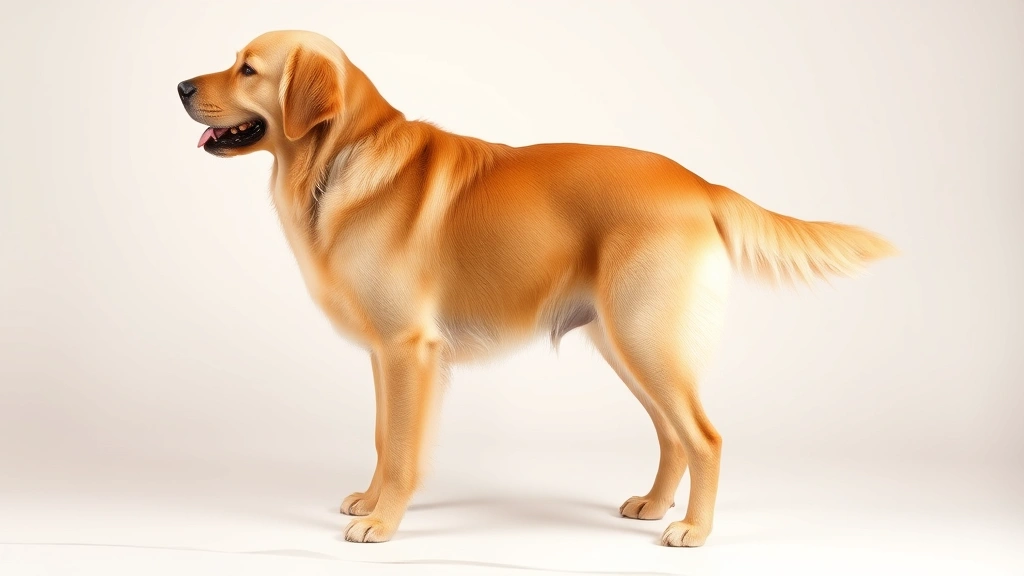 Golden Retriever standing in profile showing full body structure and posture, professional studio lighting, neutral background