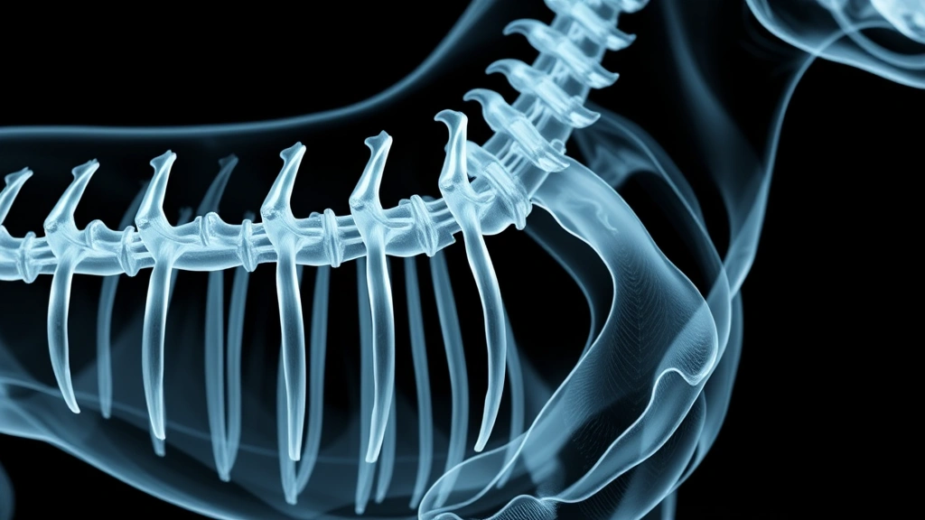 Close-up of dog spine model or x-ray visualization showing vertebrae, clear anatomical detail, educational style photography