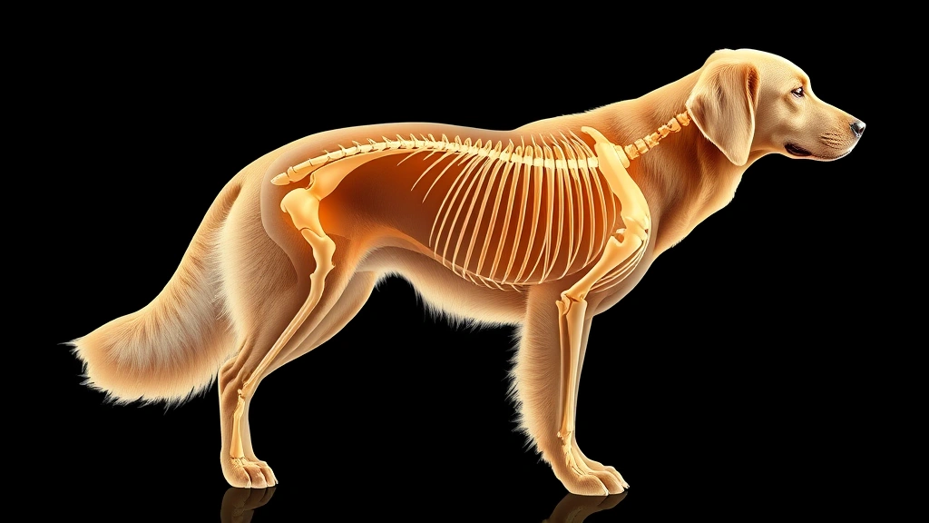 Golden retriever standing in profile showing full body skeletal structure visible through translucent overlay, anatomically accurate bone framework highlighted, professional medical illustration style