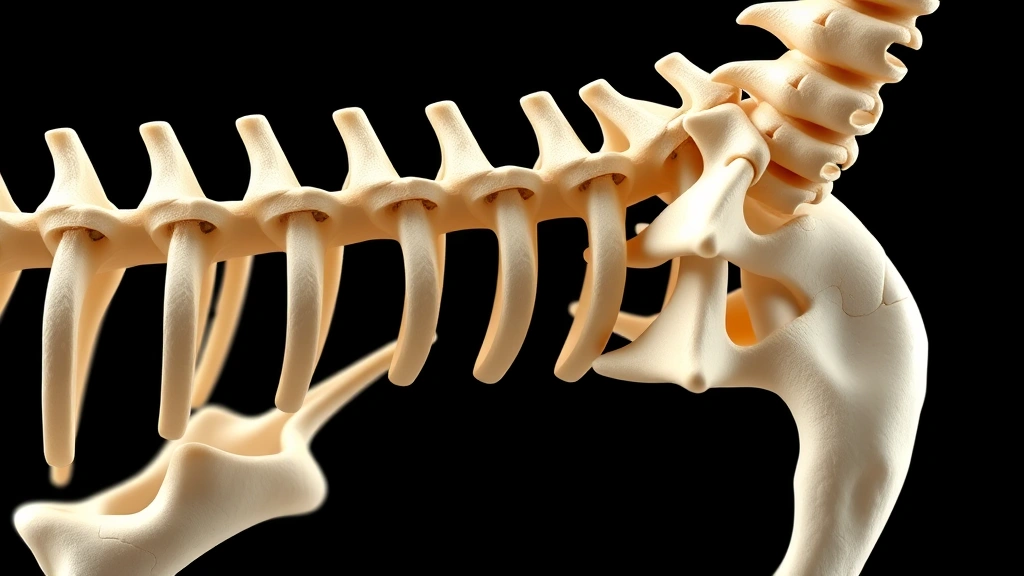 Close-up of dog spine and vertebrae showing multiple stacked vertebral segments, detailed bone structure, side view, educational anatomical reference, photorealistic